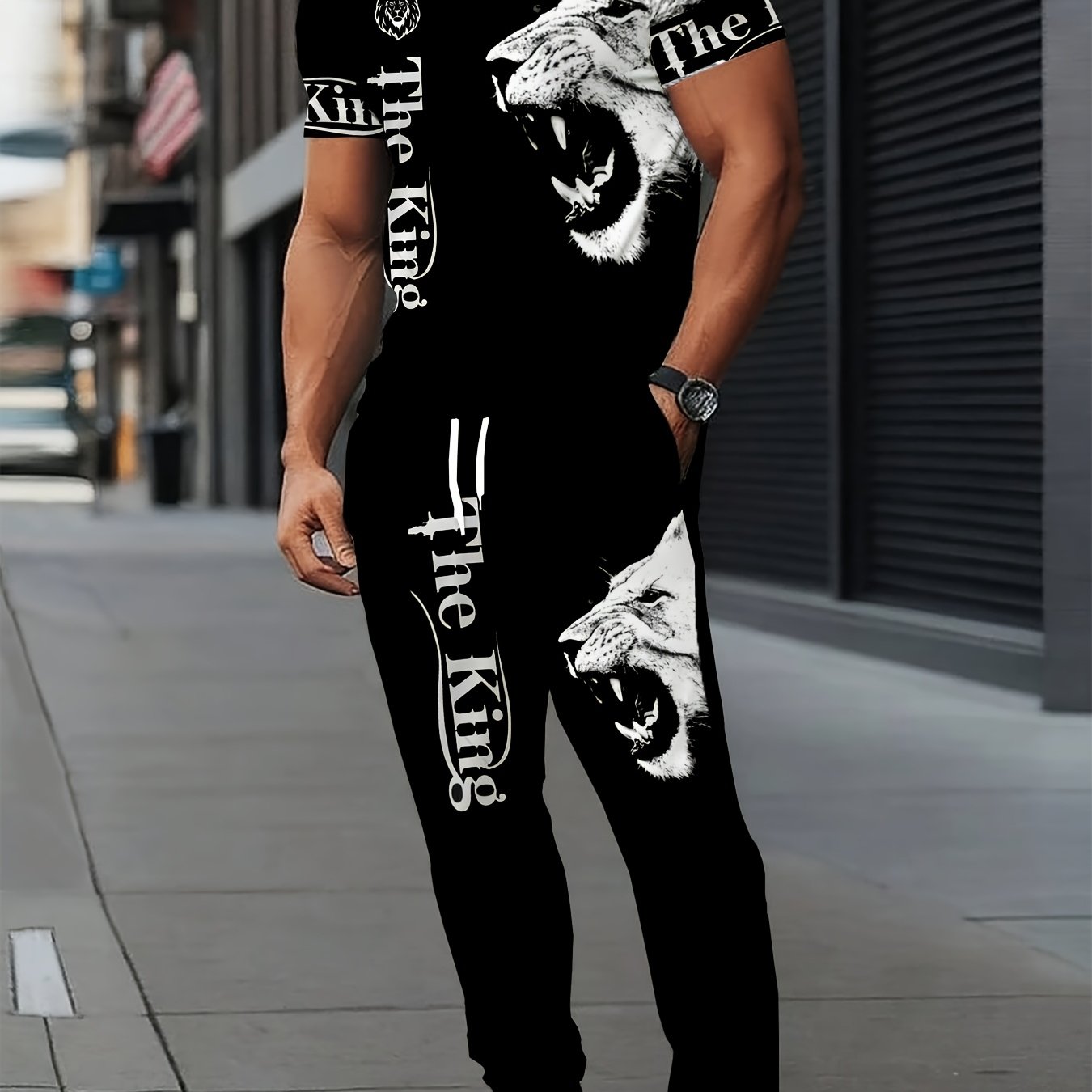 E-shop Lässiges Herrenmode Sport Löwen Print Rundhals Kurzarm Set