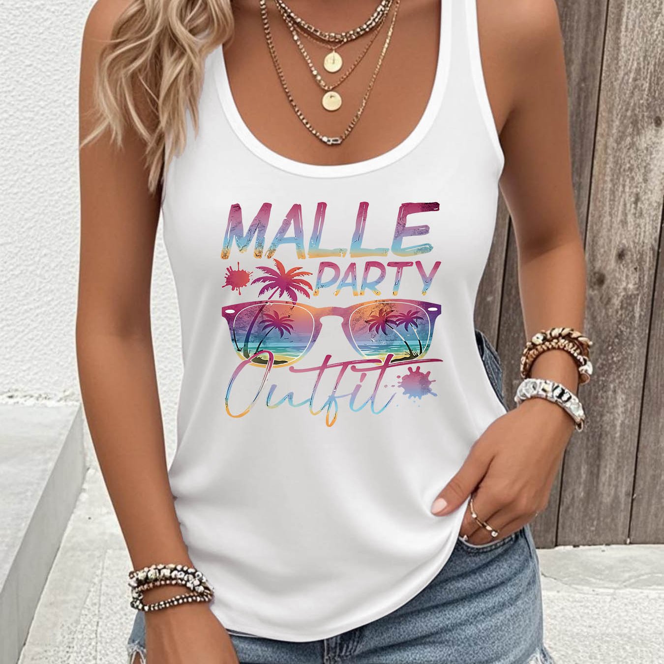 TEMU Malle Party Outfit Mallorca Vacation Graphic Print Women's Racerback Tank Top, Slim Fit Sleeveless Top For Summer & Spring, Women's Clothing
