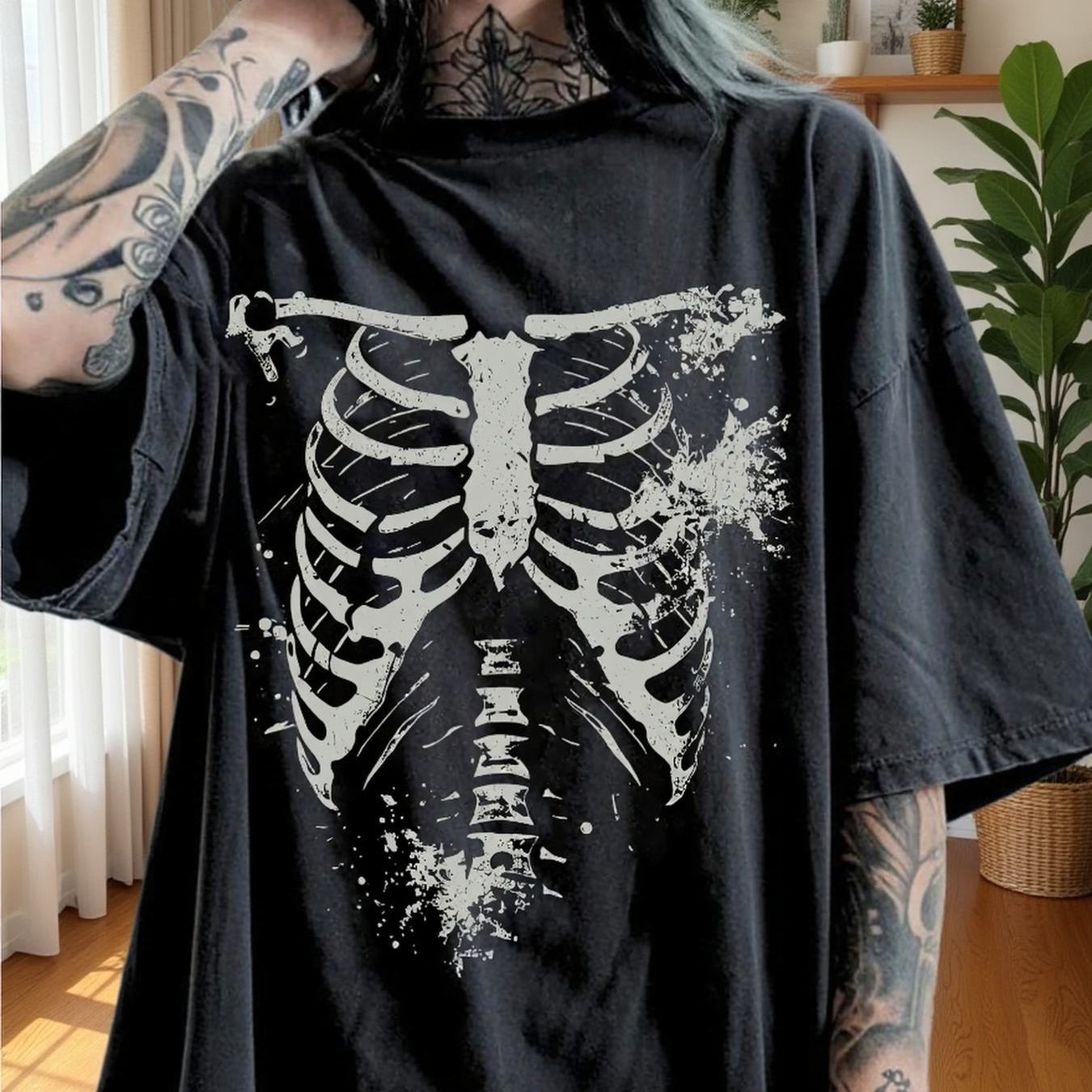 Men's Halloween Skeleton Print T Shirt Crew Neck Drop Shoulder Top With Spooky Casual Attire Themed Outfits Suitable For Spring Summer Clothing Gift, Plus Size