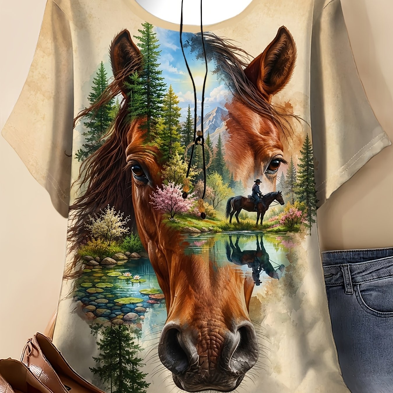 TEMU Plus Size Women's Round Neck Casual Short Sleeve T-shirt With Horse Print Design, Pastoral Horse And Lakeside Scenery A Vintage And Atmosphere