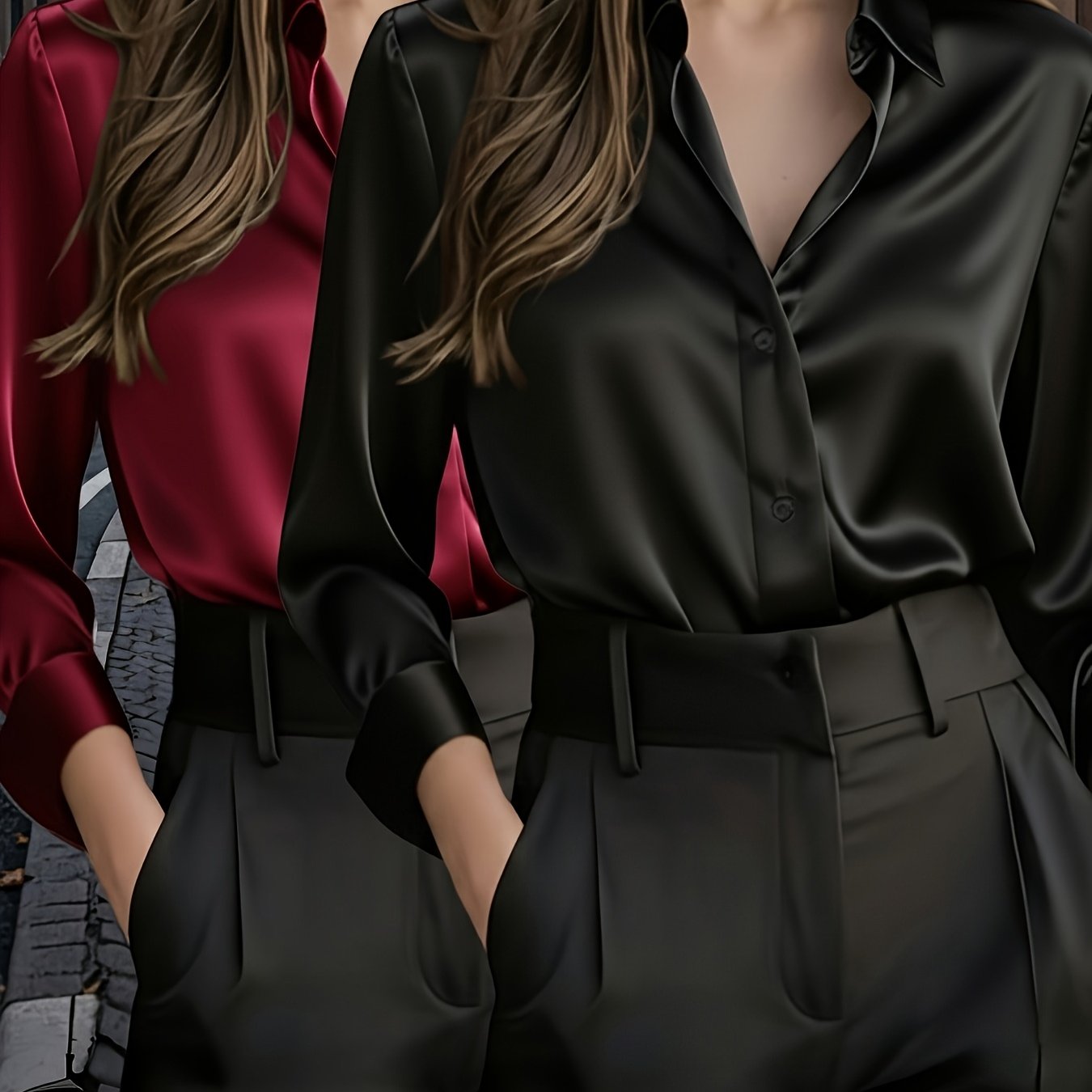 TEMU Ladies' 2pcs Top Set: High-end Solid Color Long-sleeve Shirt With Lapel, Simple And Fashionable Design, Light Luxury Commuting Exudes And