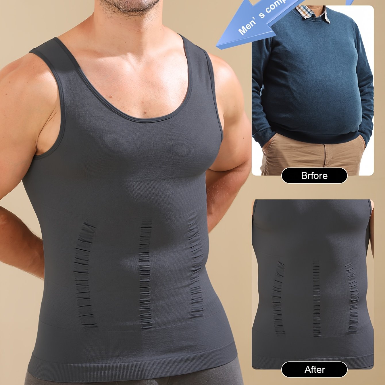 TEMU 1pc Men's Compression Slimming Vest, Tummy Control Chest Binder, Breathable Wide-shoulder Body-shaping Base Layer, Sleeveless Undershirt For