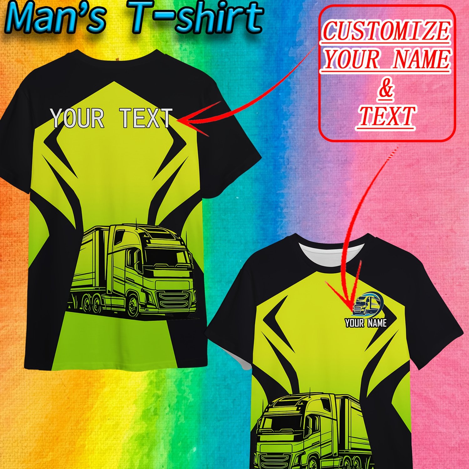 TEMU T-Shirt Homme Personnalisable - Nom et Personnalisés, de Camion, Coupe Standard, Confortable, Idéal pour Tenue Décontractée