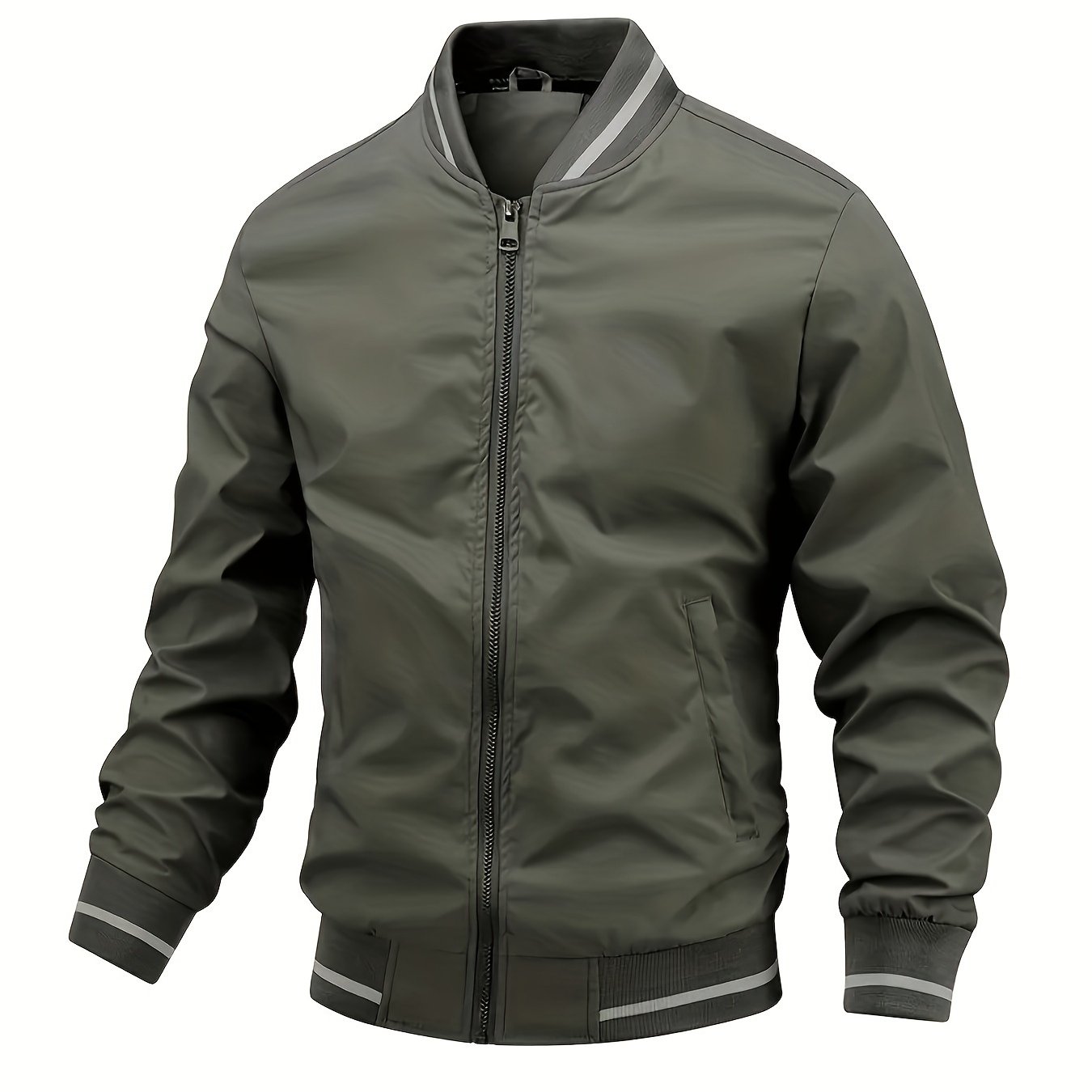 TEMU Men's Lightweight Casual Stand Collar Pilot Jacket, Solid Color Long Sleeve, Suitable For Spring And Autumn, And Windproof