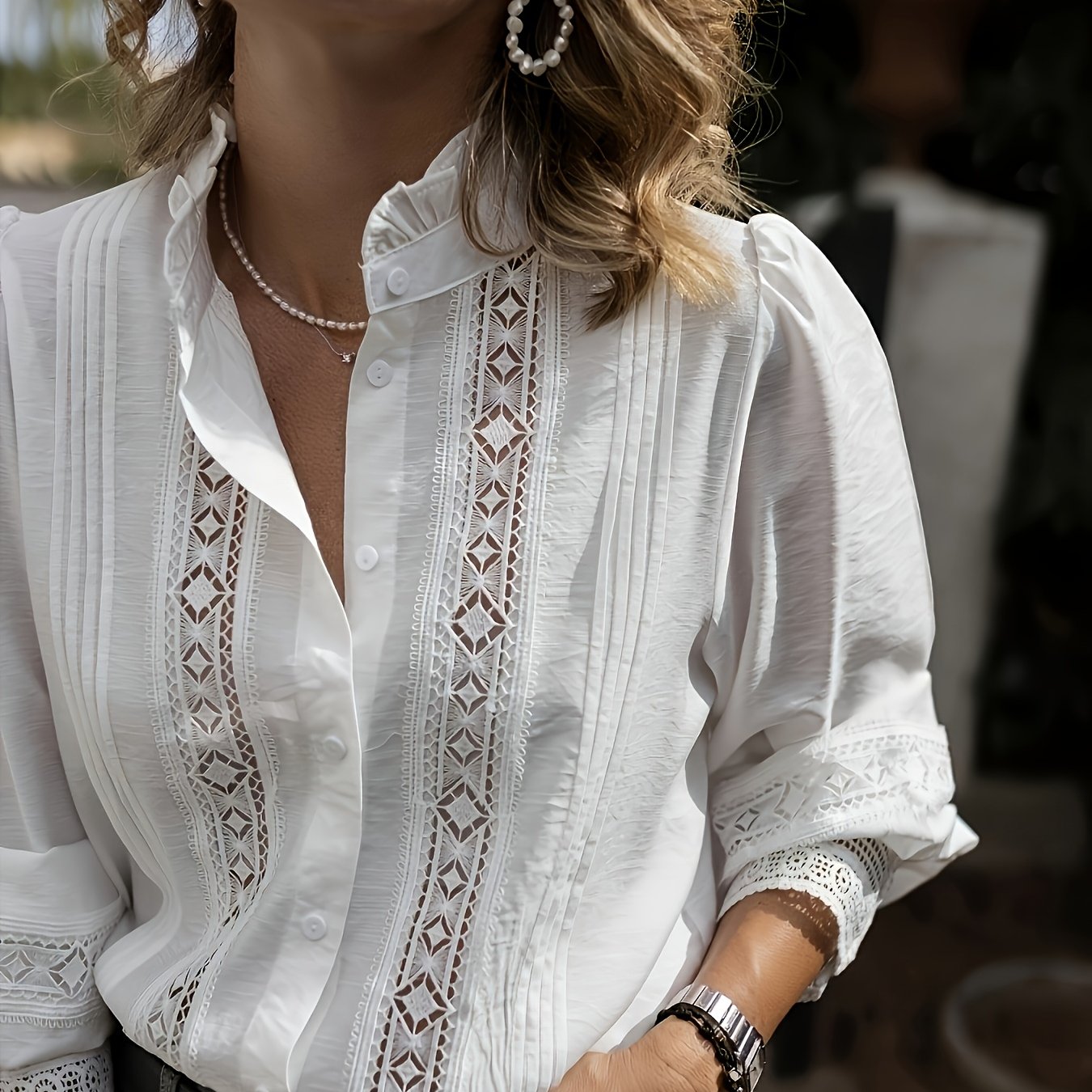 E-shop Elegante Damen Bluse für Frühling und Sommer mit , einfarbigem Spitzenbesatz, Patchwork-Muster und langen Ärmeln