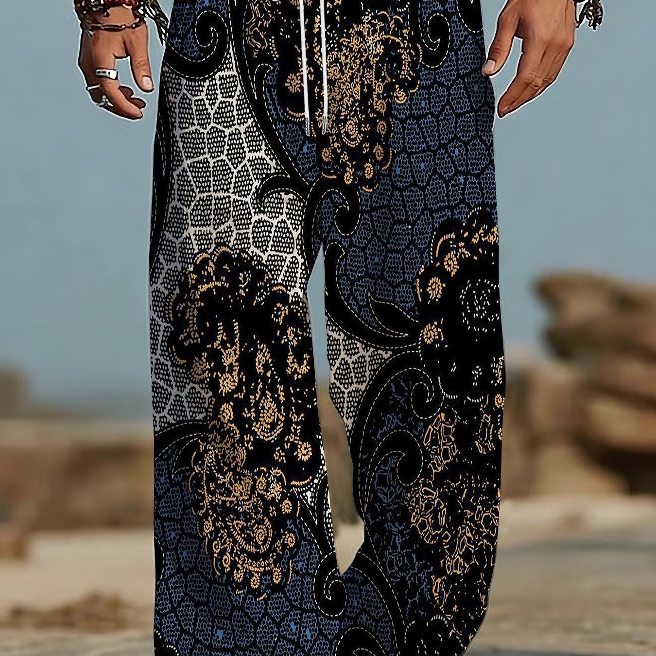 TEMU Men's Straight-leg Pants, European And American Trendy 3d Printed Versatile Casual Pants, Sport Pants, Loose Vintage Draped Pants