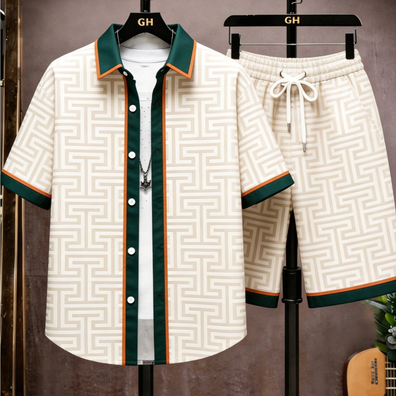 Image of 2pcs Set: 's Furnishing Tropical Letter Casual Fashion Style Set. Button Lapel Short-sleeved Shirt Set + Pajama Set With Pocket Shorts Casual Set Comfortable Fabric Loungewear