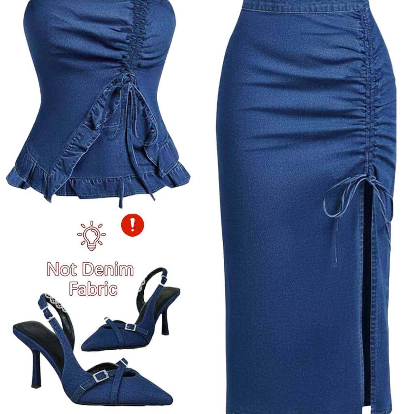 TEMU Denim-look Halter Top With Gathered Ruffles + Drawstring Split Skirt Set For Women | Vintage-inspired Sweet-edgy Casual Pieces Perfect For
