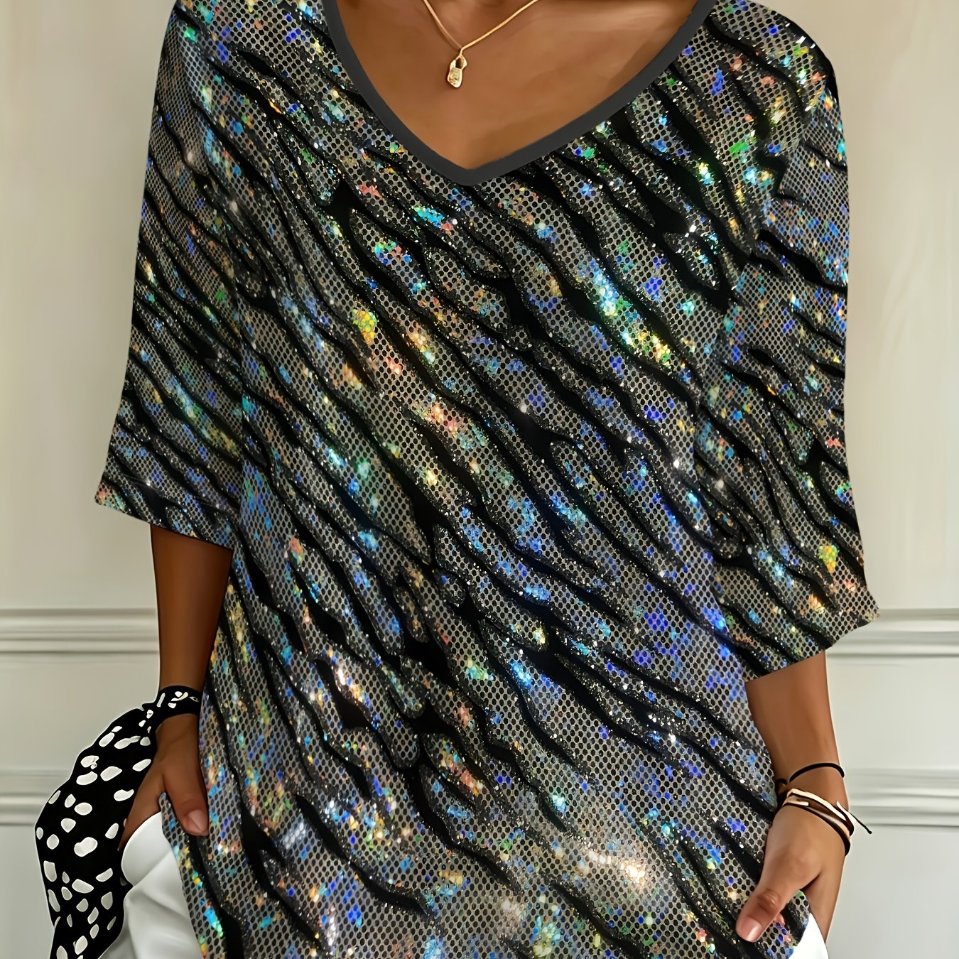 TEMU Plus Size - [printed Design - Not Textured] Casual Fashion Holiday New Plus Size Loose Vibrant Striped Printed V-neck Three-quarter Sleeve