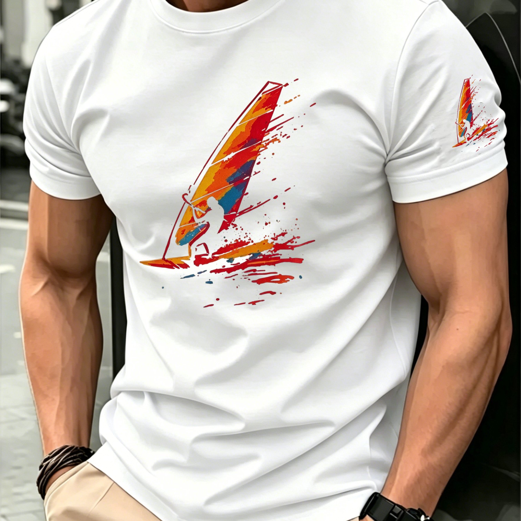 TEMU Men's Windsurfing Graphic Print Quick Dry Mesh T-shirt, Casual Crew Neck Short Sleeve, Lightweight Breathable Sports Tee