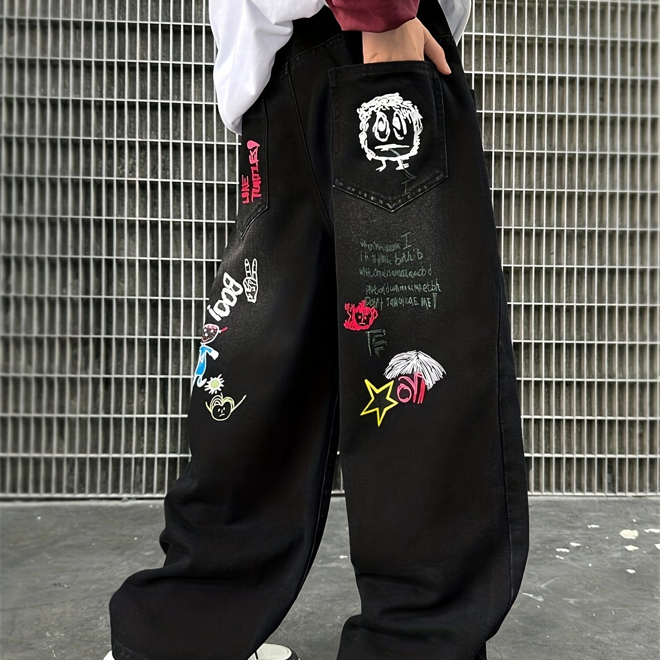 Image of Y2k Style Cartoon Print Boys Spring And Autumn Fashionable Casual Loose Outdoor Sports Straight Jeans Male Students Spring And Trend Outing Riding