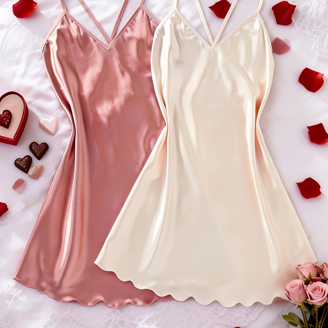 TEMU Women's Elegant Sexy High-end Glossy Comfortable Solid Color Inner Wear Outer Wear Thin Strap Short Camisole Nightgown Homewear 2pcs Set