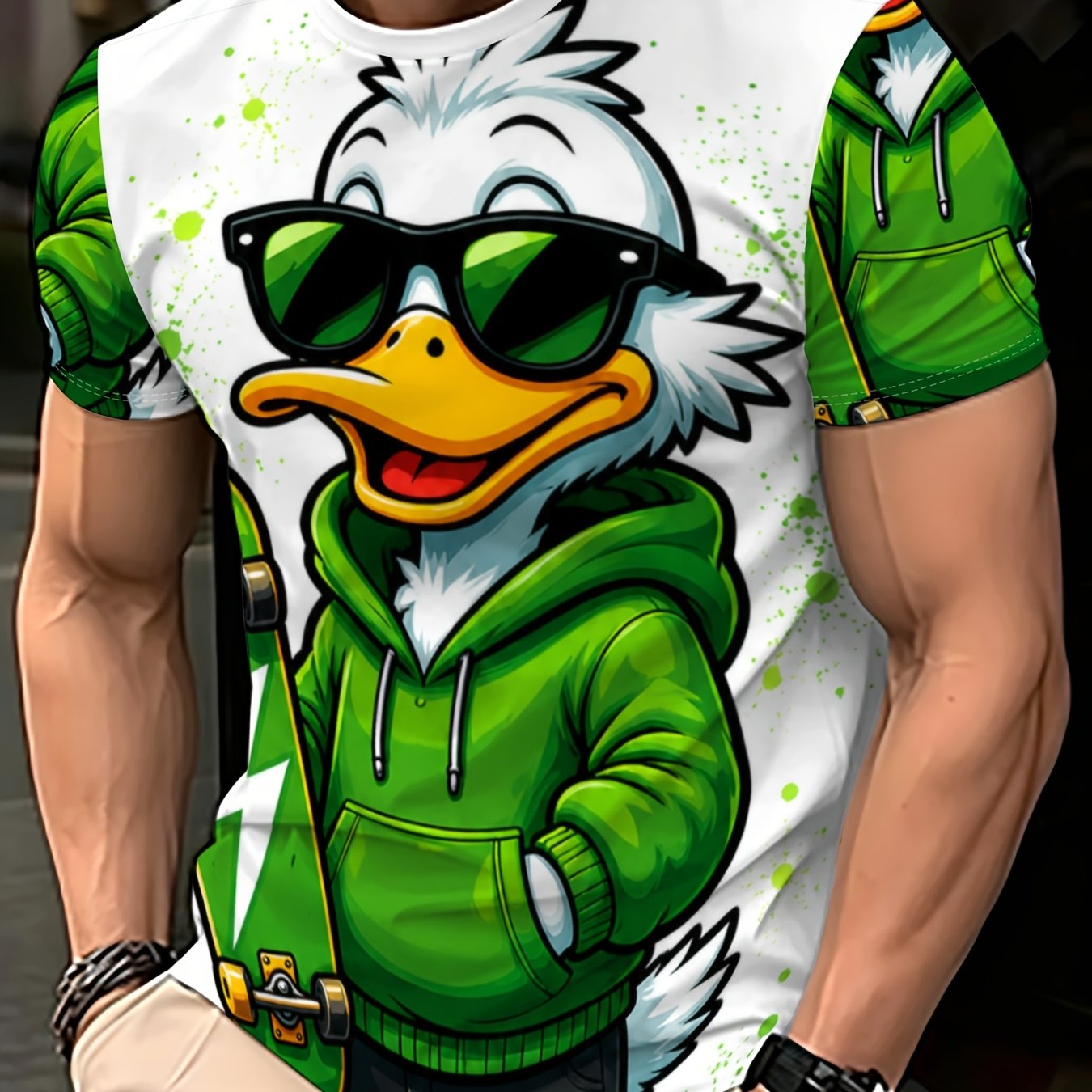 TEMU Men's Short Sleeve T-shirt, White Cartoon Duck Print, Trendy Sunglasses Skate Street Style Summer Casual Fashion Versatile Youth Student Daily