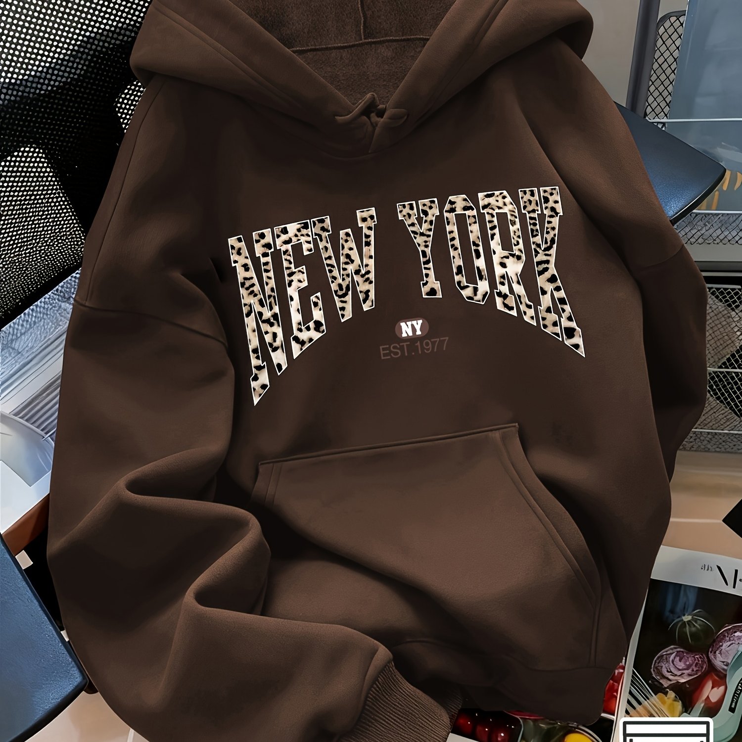 TEMU Sudadera con capucha y cordón con estampado de leopardo y para mujer, forro polar, bolsillo tipo , versátil para otoño e invierno, top largo y