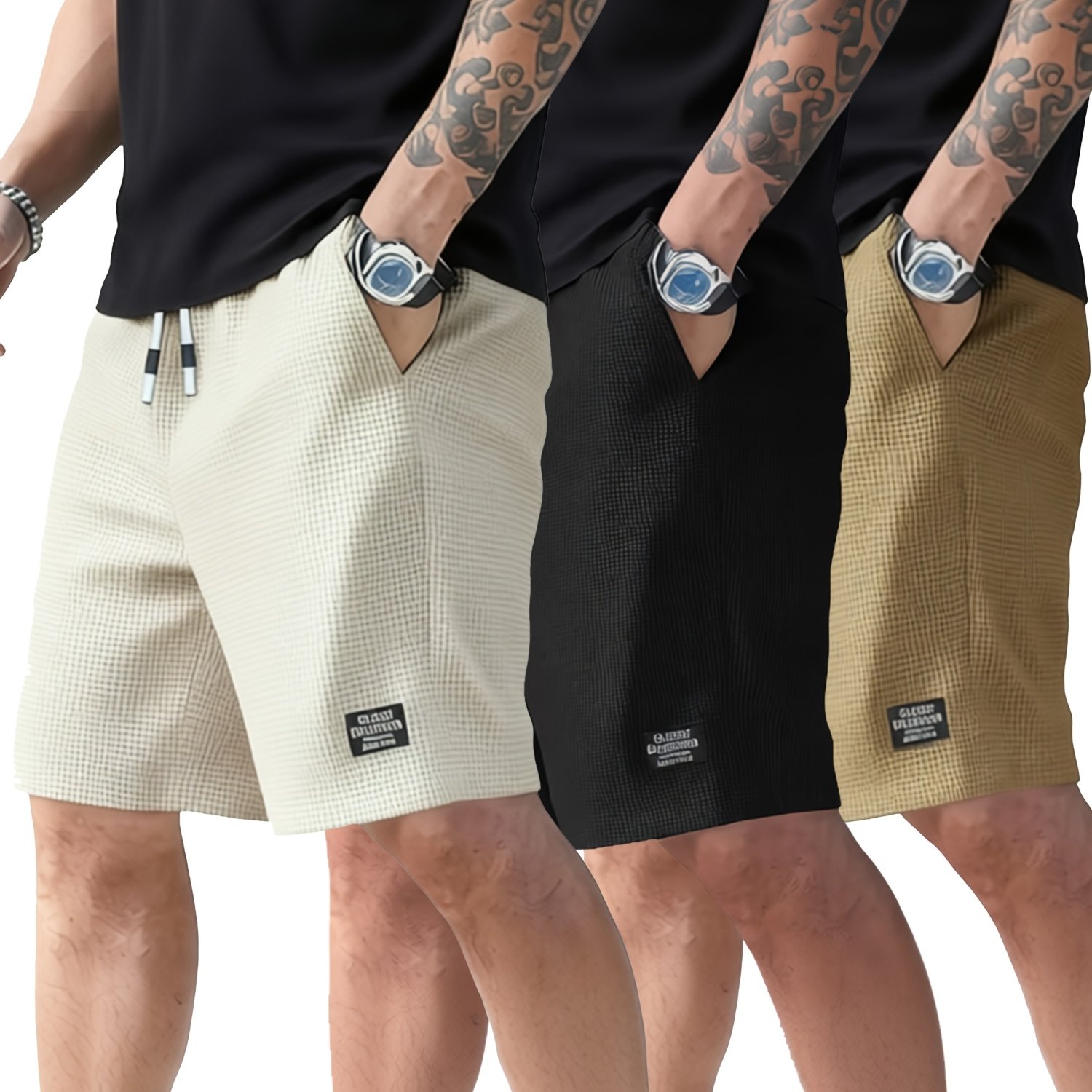TEMU Pantalones Cortos Deportivos Casuales Texturizados para Hombre, 3 piezas de PC aleatorio, Diseño de Cintura con Cordón Ajustable, Tejido ,