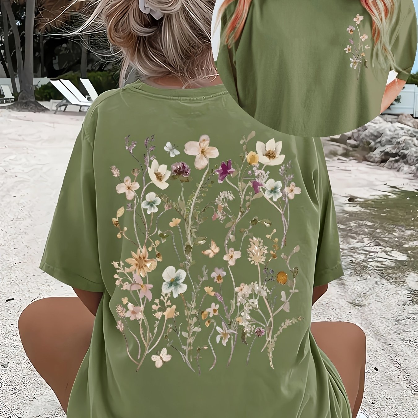 Image of Flowers Loose Size Casual T-shirt, Women's Plus Slogan Print Round Neck Short Sleeve High Stretch T-shirt
