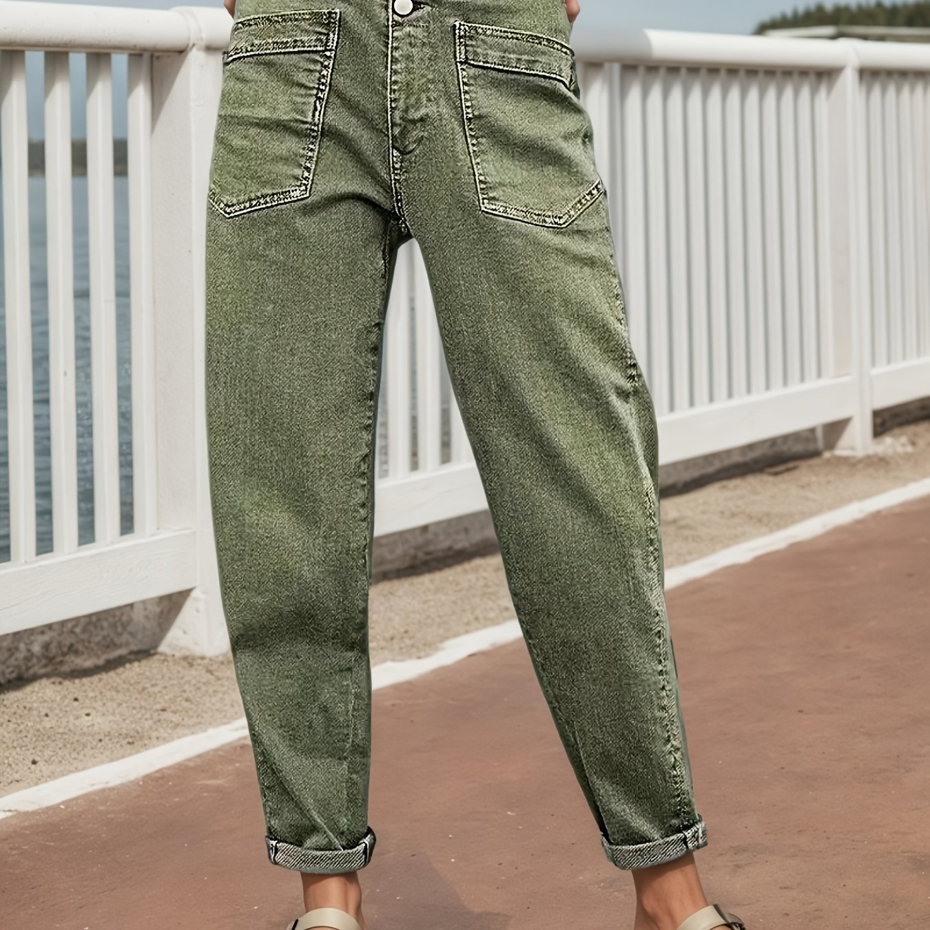 TEMU Women's Mid-rise Distressed Stretch Jeans - Retro Button & Slanted Straight-leg Loose Fit Pants With Belt Loops, Olive Green/brown Washed,