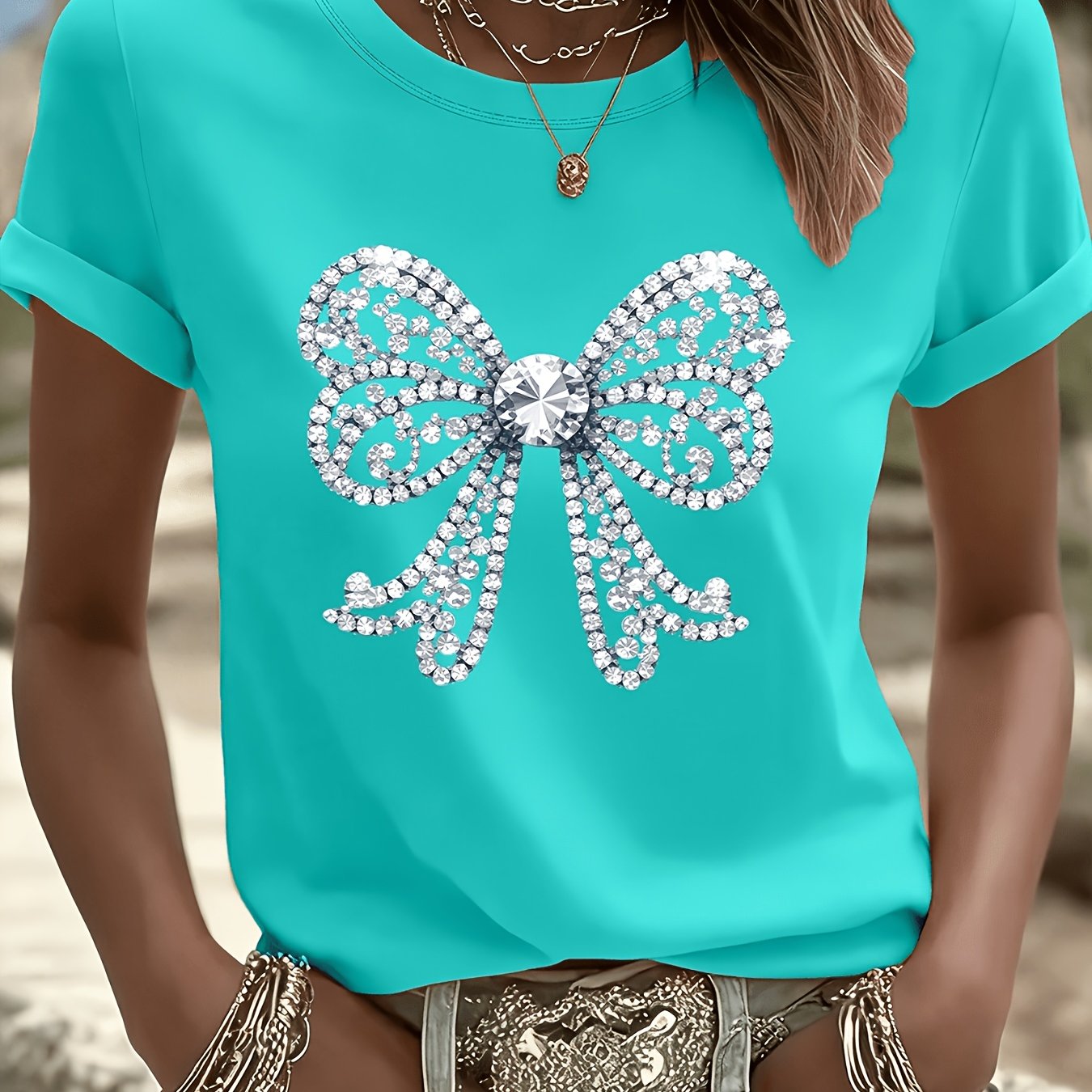 TEMU 3388# Elegant Women's T-shirt Short Sleeve, Fashionable , Summer Essential, Travel, Date, Gift, Vacation, Beach Diamond Bow