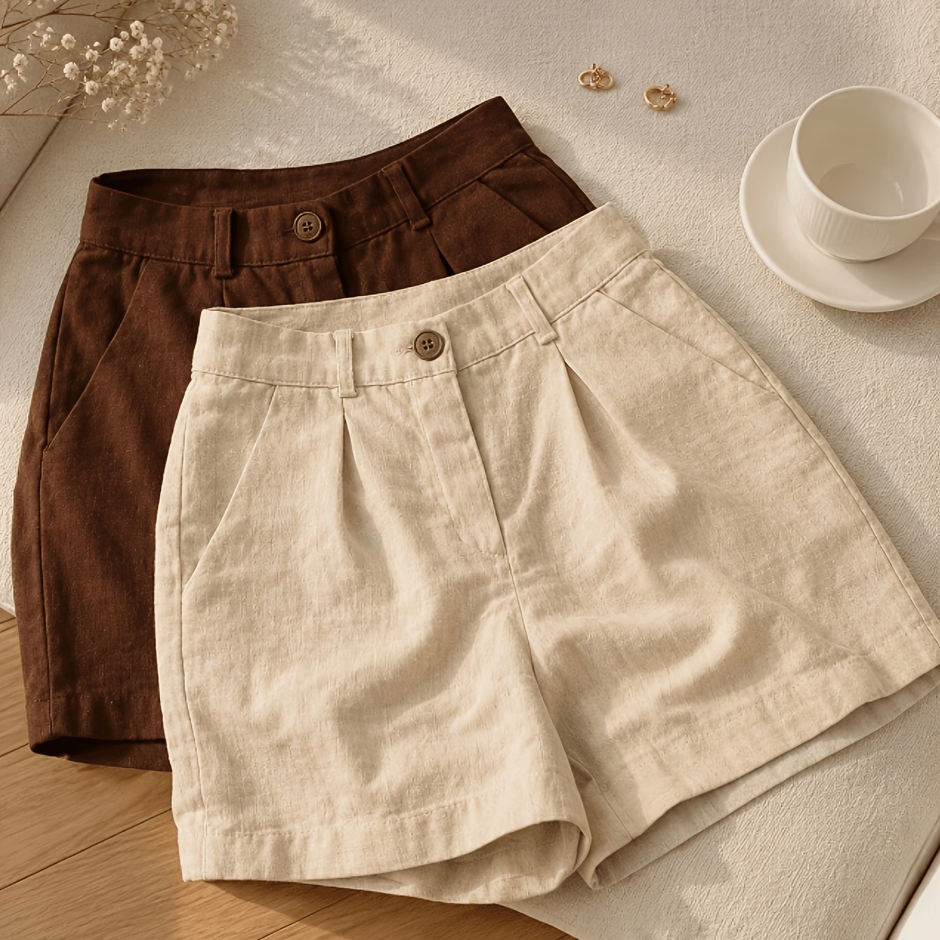 TEMU Two-pack Women' Casual Shorts Pleated Design Loose A-line Wide-leg Pants Simple Solid Color Commuter Versatile Shorts Two-pack