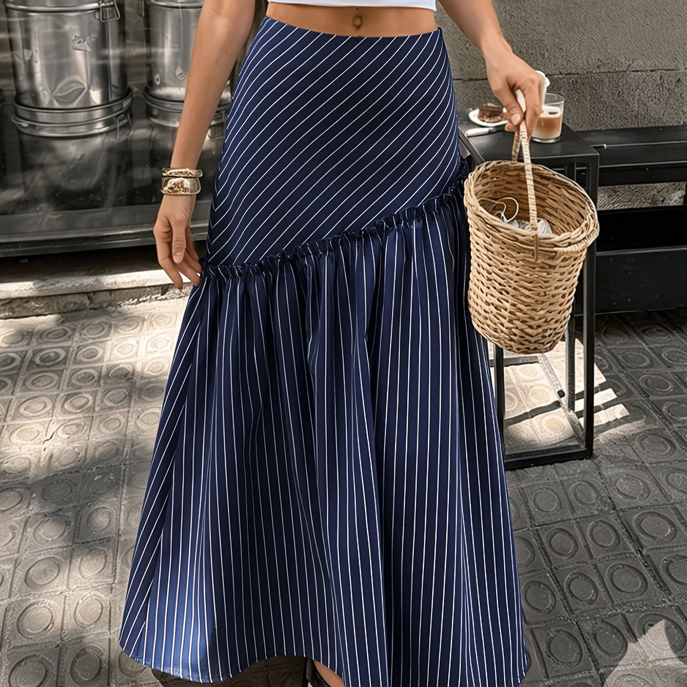 TEMU Blue Striped A-line Maxi Dress, Women's Style, Suitable For Picnics, Brunch, Autumn/winter Sexy Cute Casual Vacation, Music Festival, Halloween,
