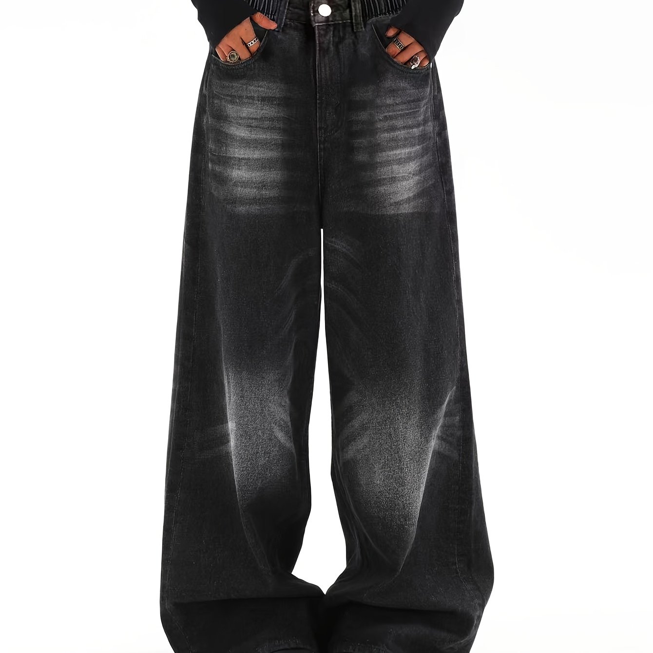 Image of Youth Street Black Vintage Long Jeans Loose Wide Leg Casual Straight Trousers