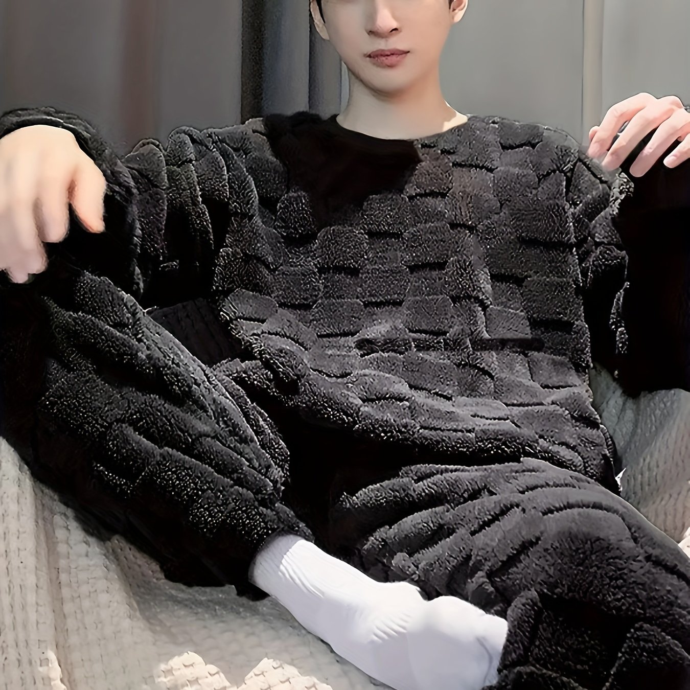 E-shop Herren Easy Style Freizeit-Pyjama-Set, warme Flanell-Haussachen, langärmliges Kapuzen-Oberteil mit Rundhalsausschnitt und lockere Hose,