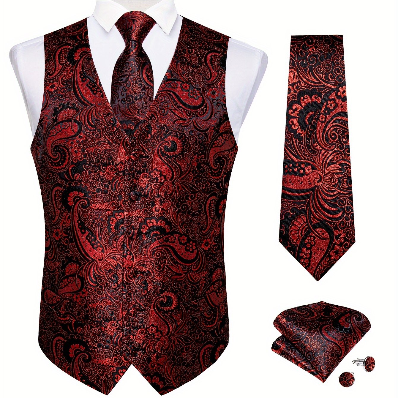TEMU Black Paisley Fashion Vest For Man Wedding Business Luxury Men's Waistcoat Necktie Pocket Square Cufflinks Set, Casual
