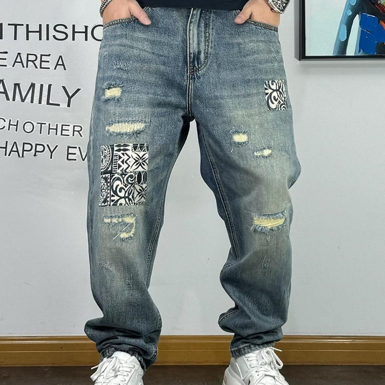 Image of Fashion Brand Loose Straight Leg Ripped Patch Jeans Men's Autumn Style Youth Trend Retro Washed Versatile Nine-point Pants