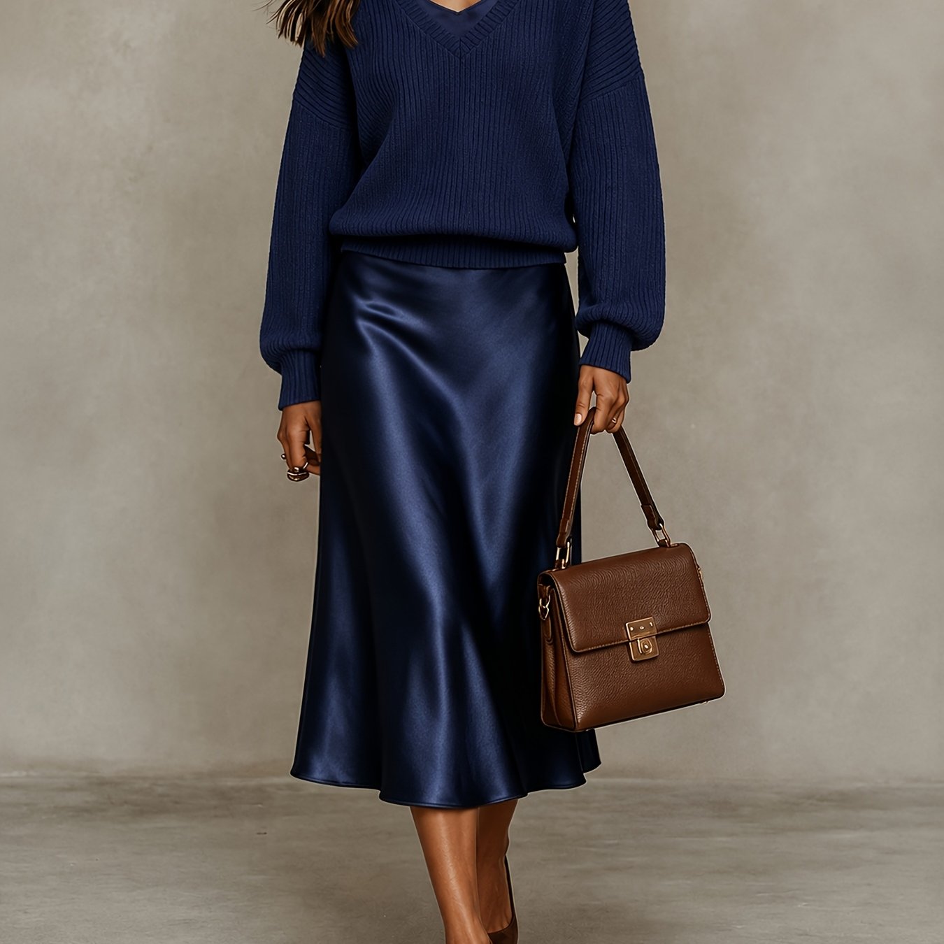 TEMU Women's Relaxed Style V-neck Loose Top   Flowing Satin Camisole Midi Skirt - Commuting, Banquet, Party High-end Set