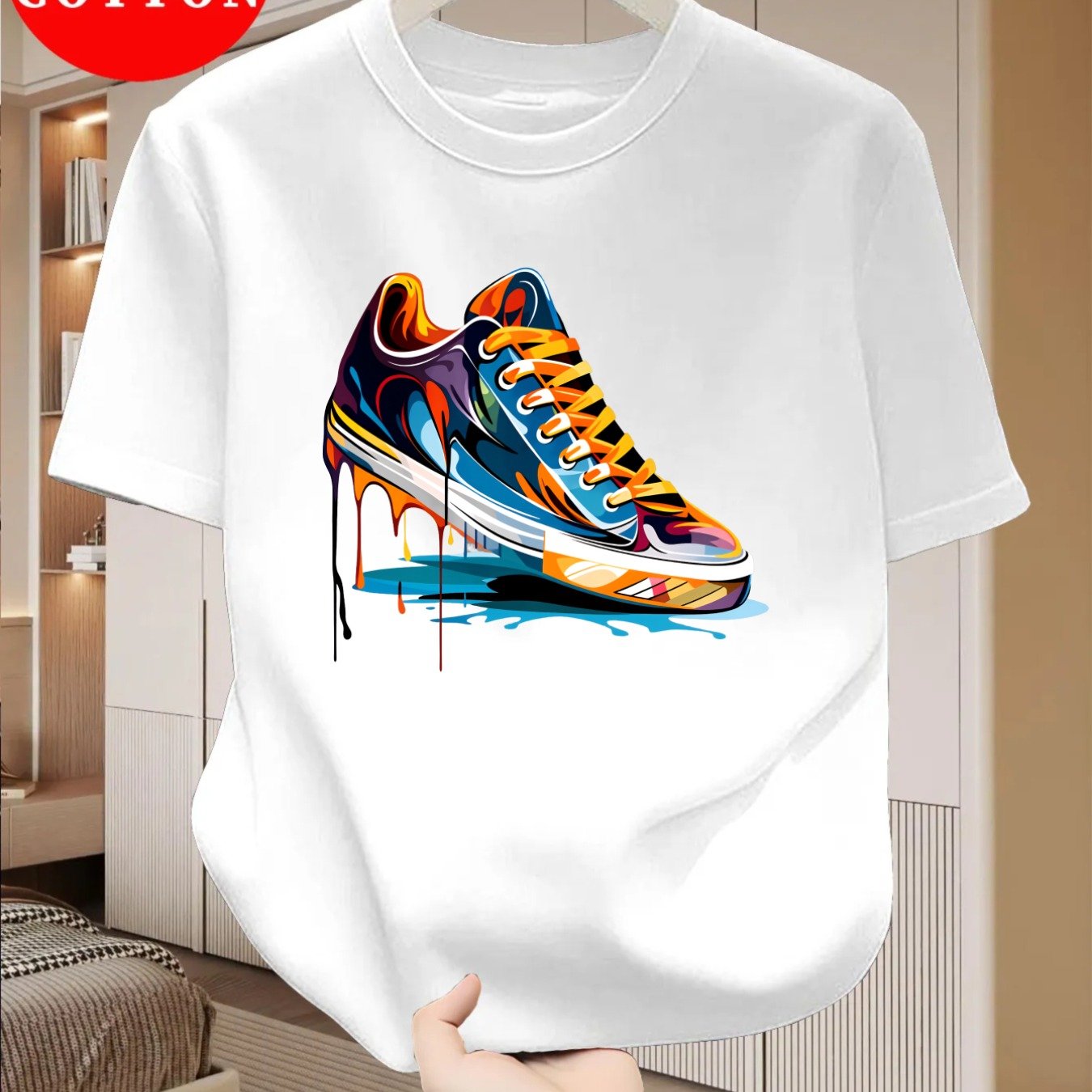 TEMU 100% Men's T-shirt, Summer Short Sleeve , Slim Fit Round Neck, Breathable Casual Versatile Youth Daily Commute, Trendy Sneakers Graffiti Print