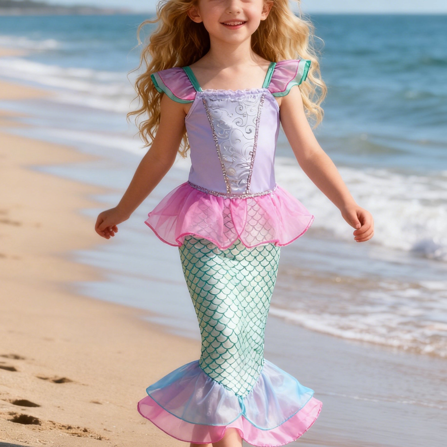 Image of Girls Light Pink Purple Small Flying Sleeves Fishtail Dress Girls Halloween Carnival Dance Dress Girls Summer Seaside Beach Party Dress, Very Suitable For Birthday Gifts For Little Girls Aged 3