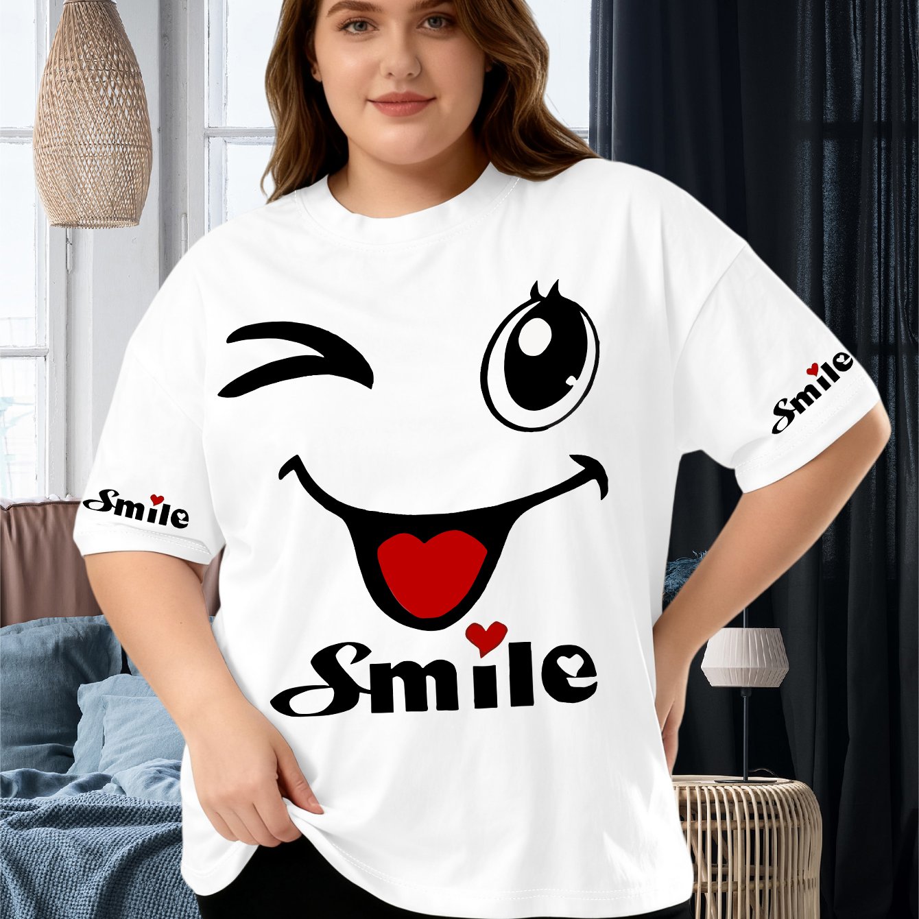 TEMU Plus Size, [directional - Extension] Large-sized Women's Short-sleeved Loose-fitting T-shirt Top For Spring And Summer - Cartoon "smile" Letter