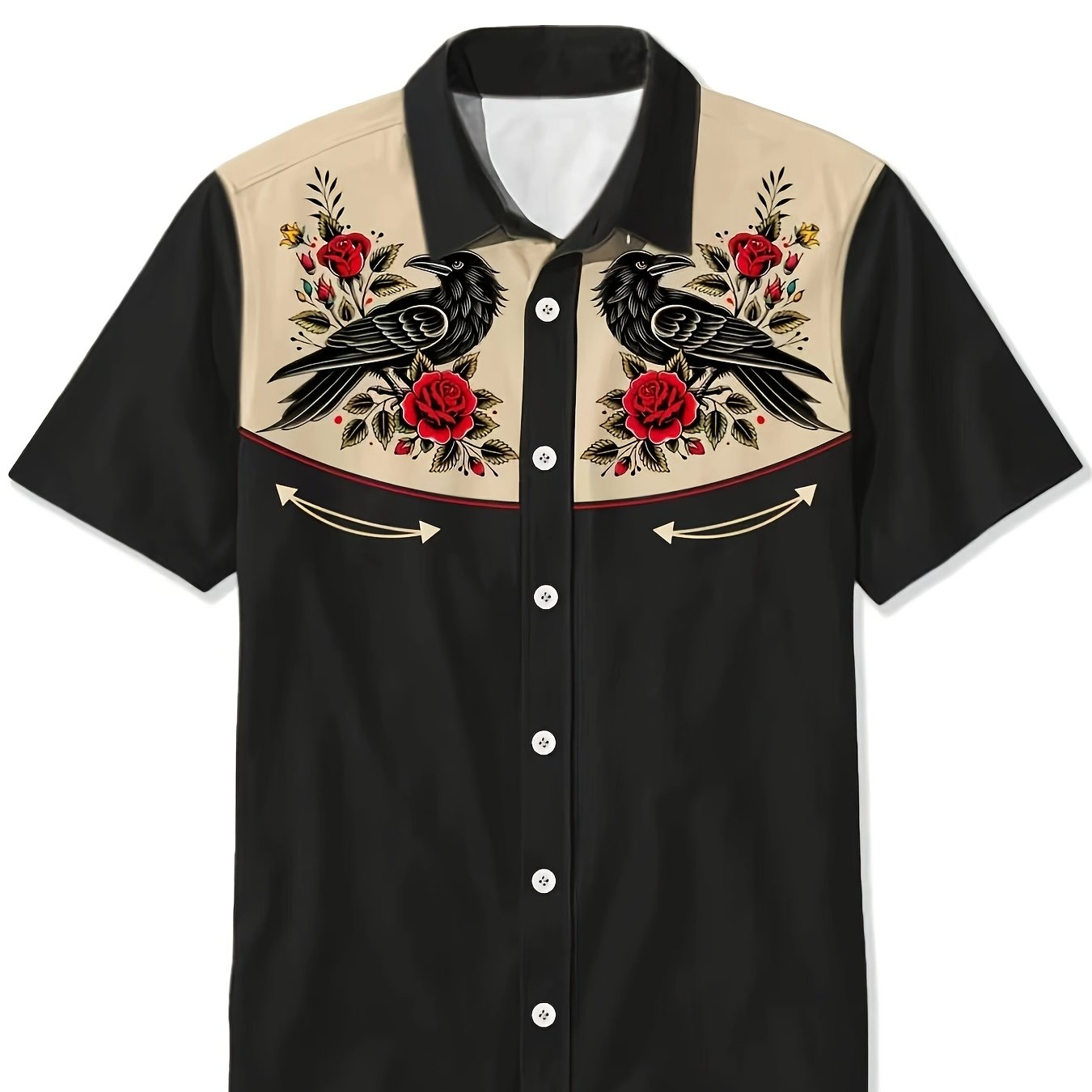 TEMU Plus Size Men's Gothic Crow And Rose Shirt - Black And Beige Button- Dress Shirt For Formal And Casual Occasions, Plus Size