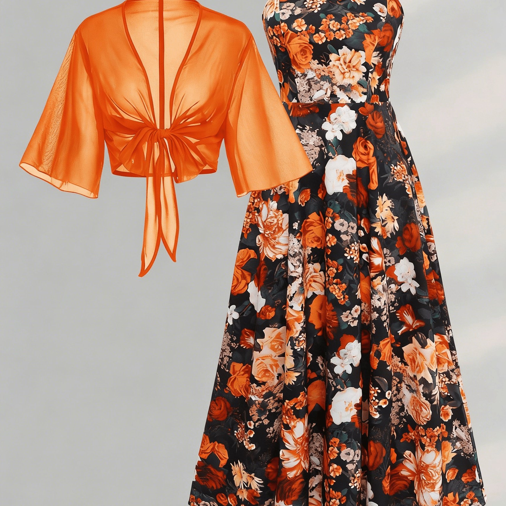 TEMU Plus Size, Plus Size Women's Outfit Set: Floral Print Camisole Dress + Chiffon Shawl Outerwear, 2pcs Set For Spring/summer Wear