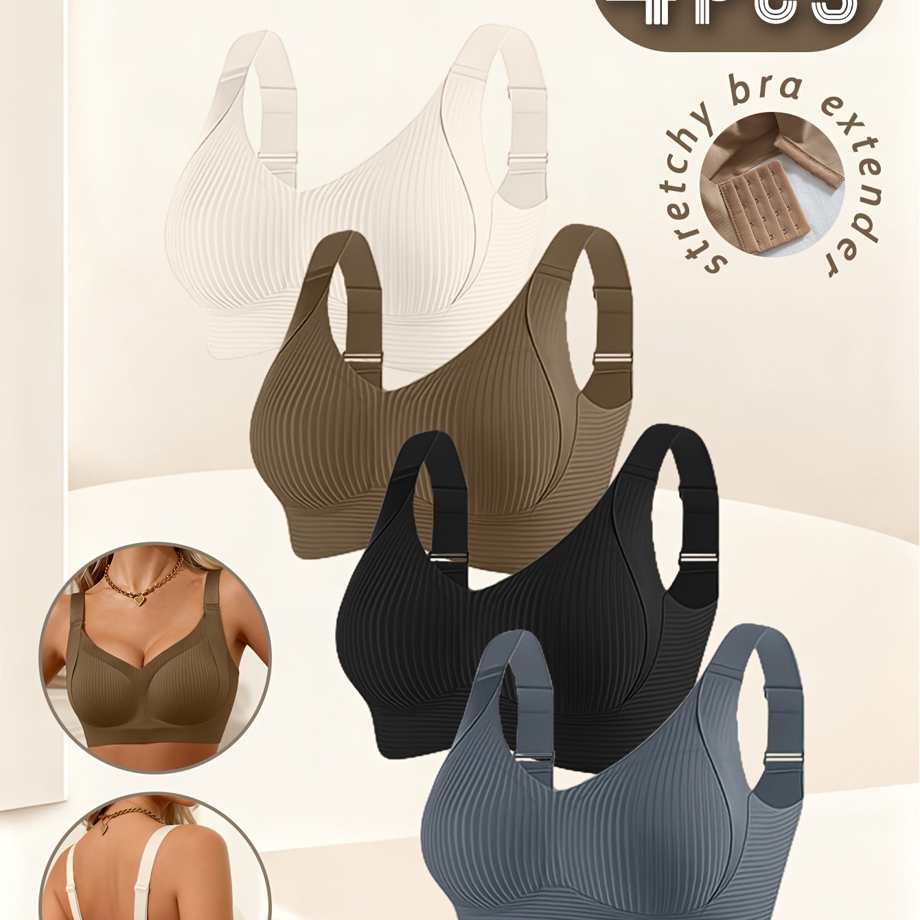 Women's 4pc Wire-Free Bralette Set, Full-Coverage Push-Up