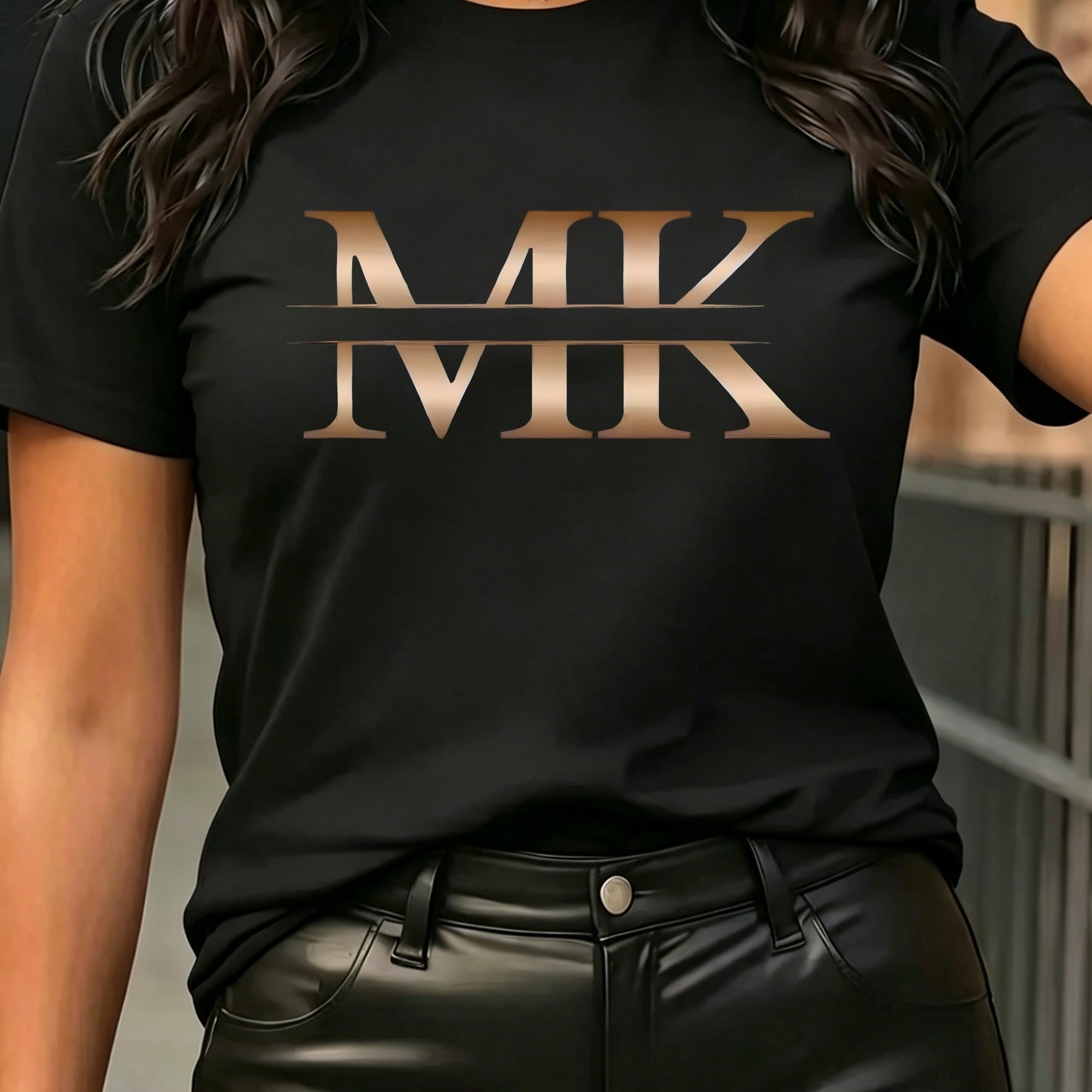TEMU Women's Casual Golden Mk Artistic Letter Print Pattern T-shirt, Elegant Fashion Short Sleeve Round Neck Casual Top, Suitable For Summer Wear,