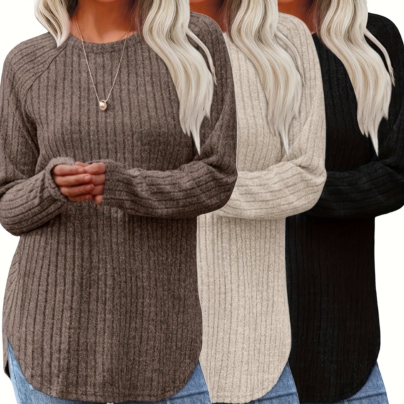 E-shop Plus Size, Plus Size Drei-Teiliges Damen Langarm Basic Locker Casual Elegantes Rundhals Leichtes Oberteil