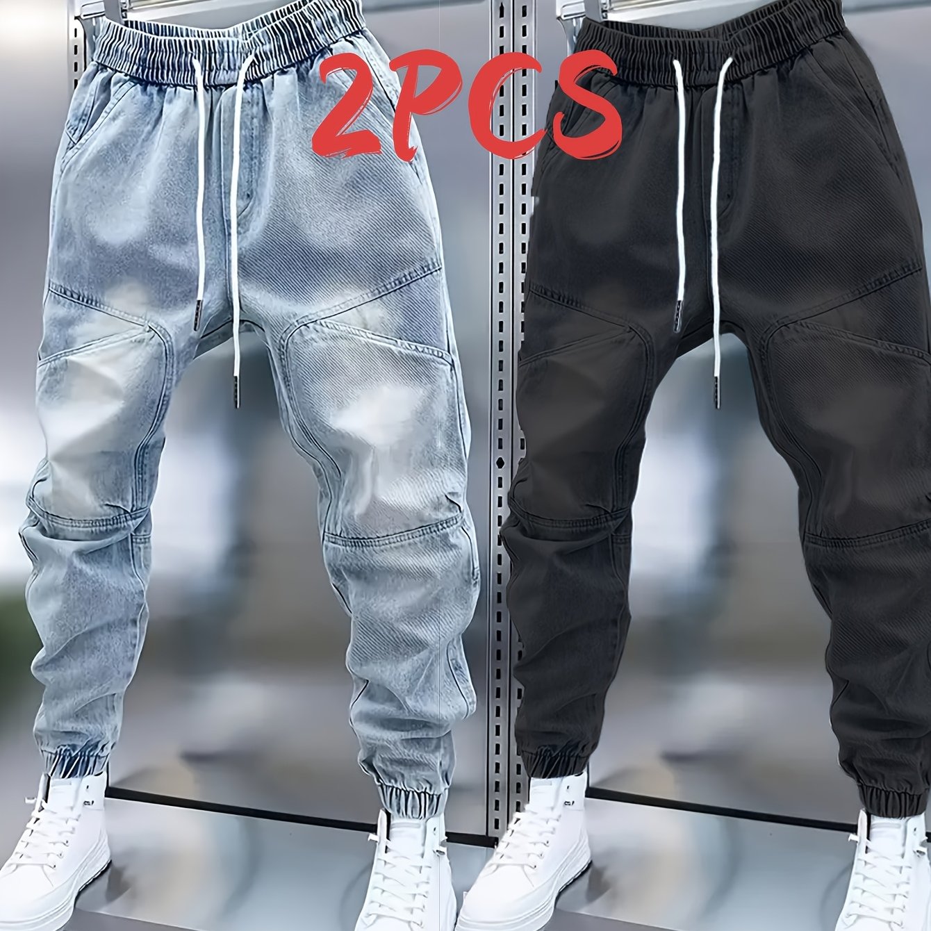 Image of 2-pc Set Youth Fashion Slim Fit Stretch Denim Trousers Trendy Casual Wear Suitable For Teenagers And Adults