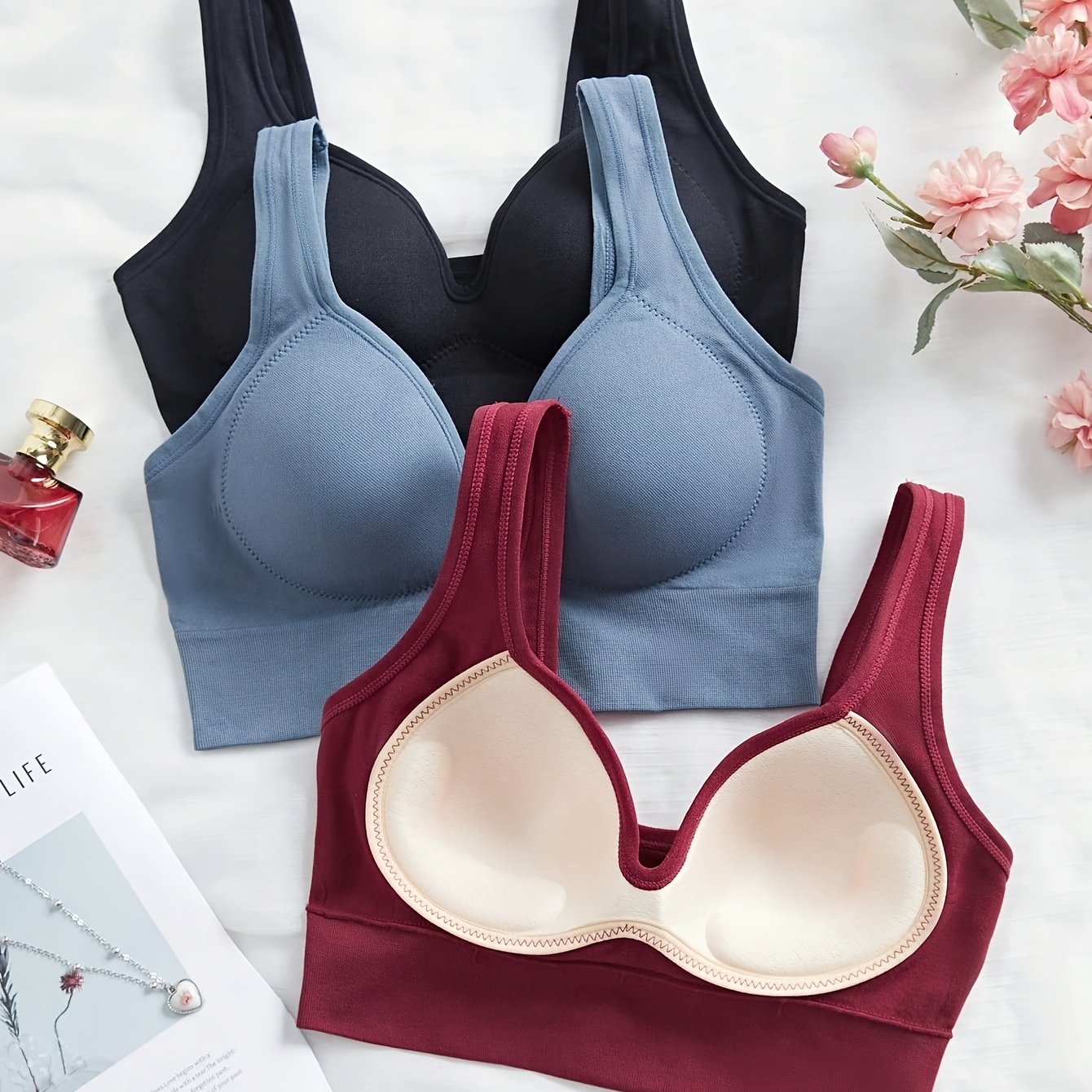 TEMU 3pcs, Women's Easy Elegant Seamless Bra, Non-removable Padding, No Underwire, Wide Shoulder Pads, One-piece Cup, Solid Color, Style, Bra, Sports