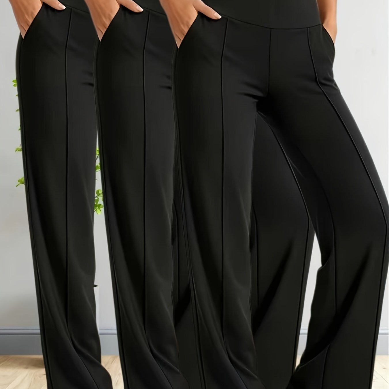 TEMU 3pcs Set High-waist Wide-leg Trousers With Pockets Work Pants, Easy Fashionable All-match Statement Pants, Comfortable And Soft Fabric, Machine