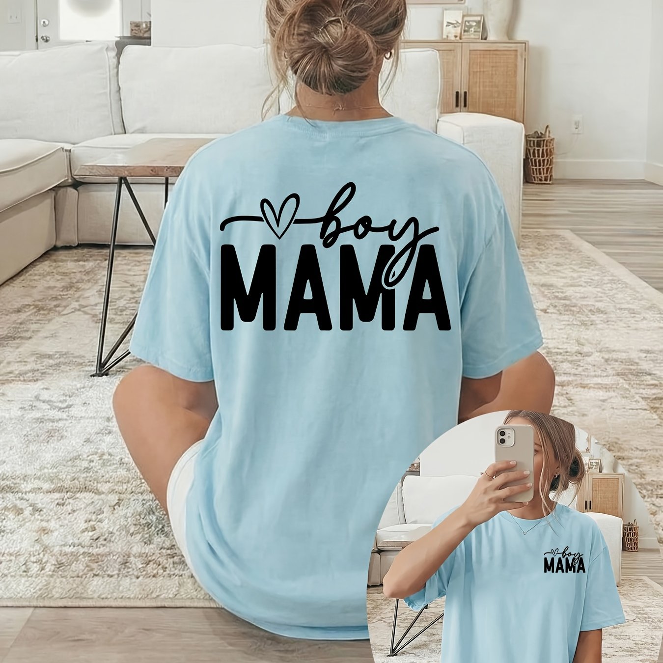 TEMU This Short-sleeved Round-neck Casual Top Features A Heart Shape Combined With The Words " Mama" In A Double-sided Print, Making It Suitable For
