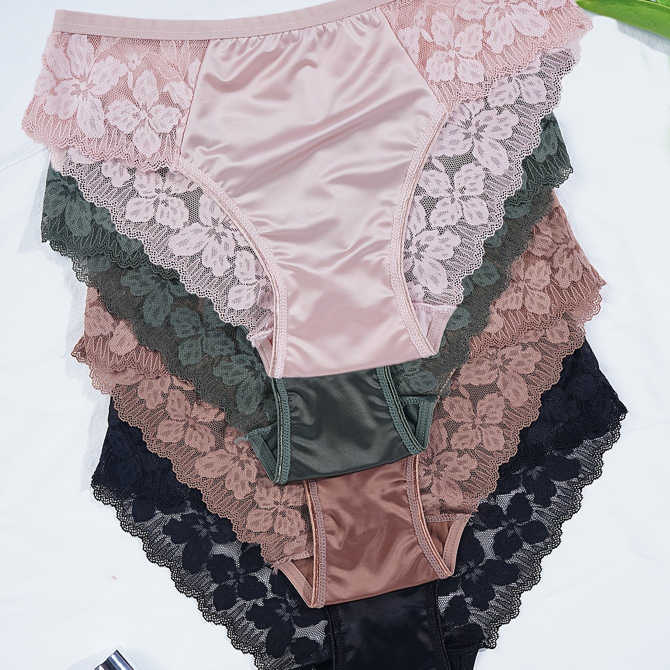 TEMU 4pcs Women' Elegant Floral Lace Underwear - Romantic Satin Briefs With Mid-rise Briefs, Solid Color Non-sheer Panties, Hand Washable For Day Or