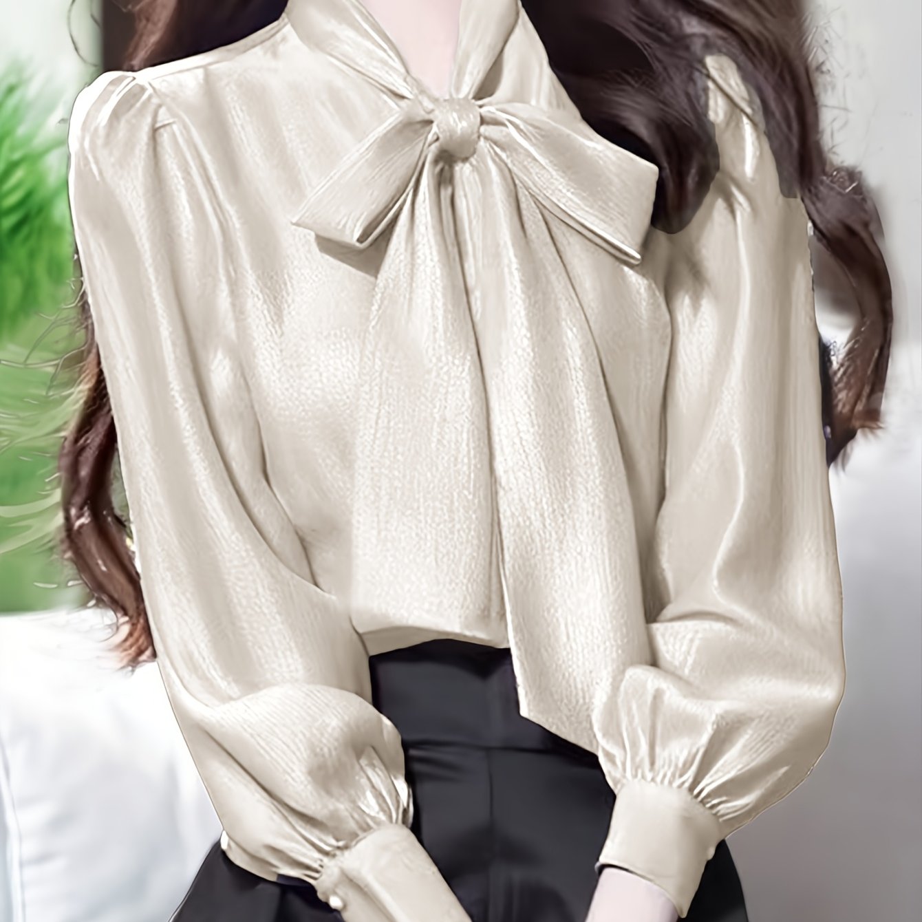 womens satin blouse bow tie detail shirt puff sleeve long - Temu