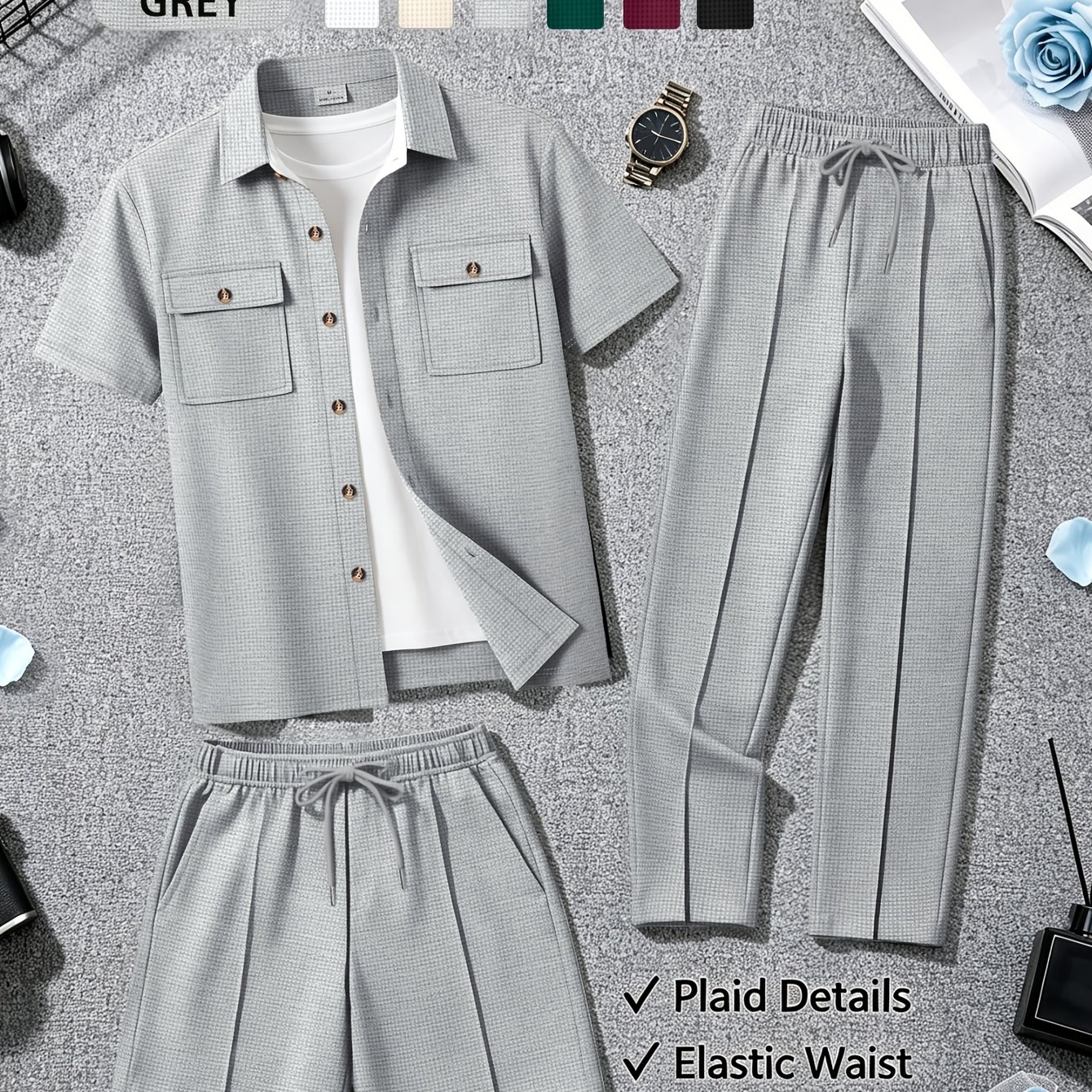 TEMU Men's Waffle Knit 3pcs Outfit Set, Short Sleeve Button Shirt With Elastic Waist Shorts And Long Pants, Casual Tracksuit