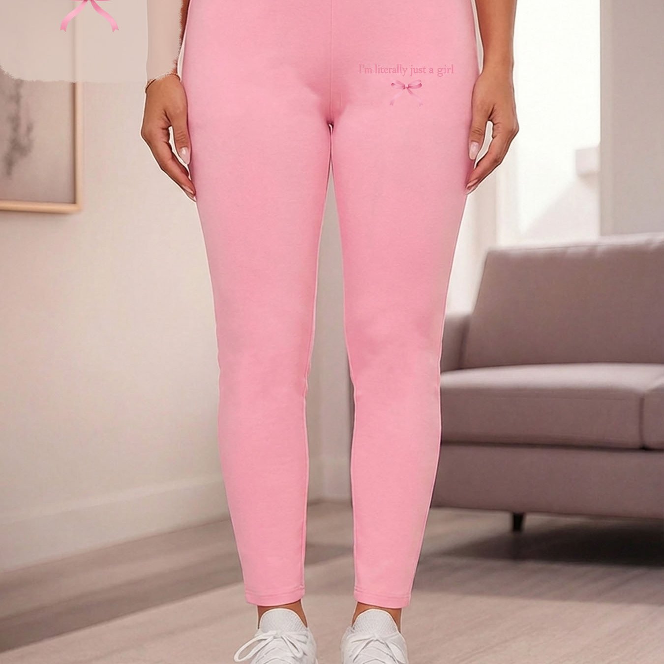 TEMU Women's Plus Size Pink Bow & Print Skinny Pants - Slim-fit Stretch Athletic Trousers, Bowknot Tight Leggings Suitable For - Wear, Machine
