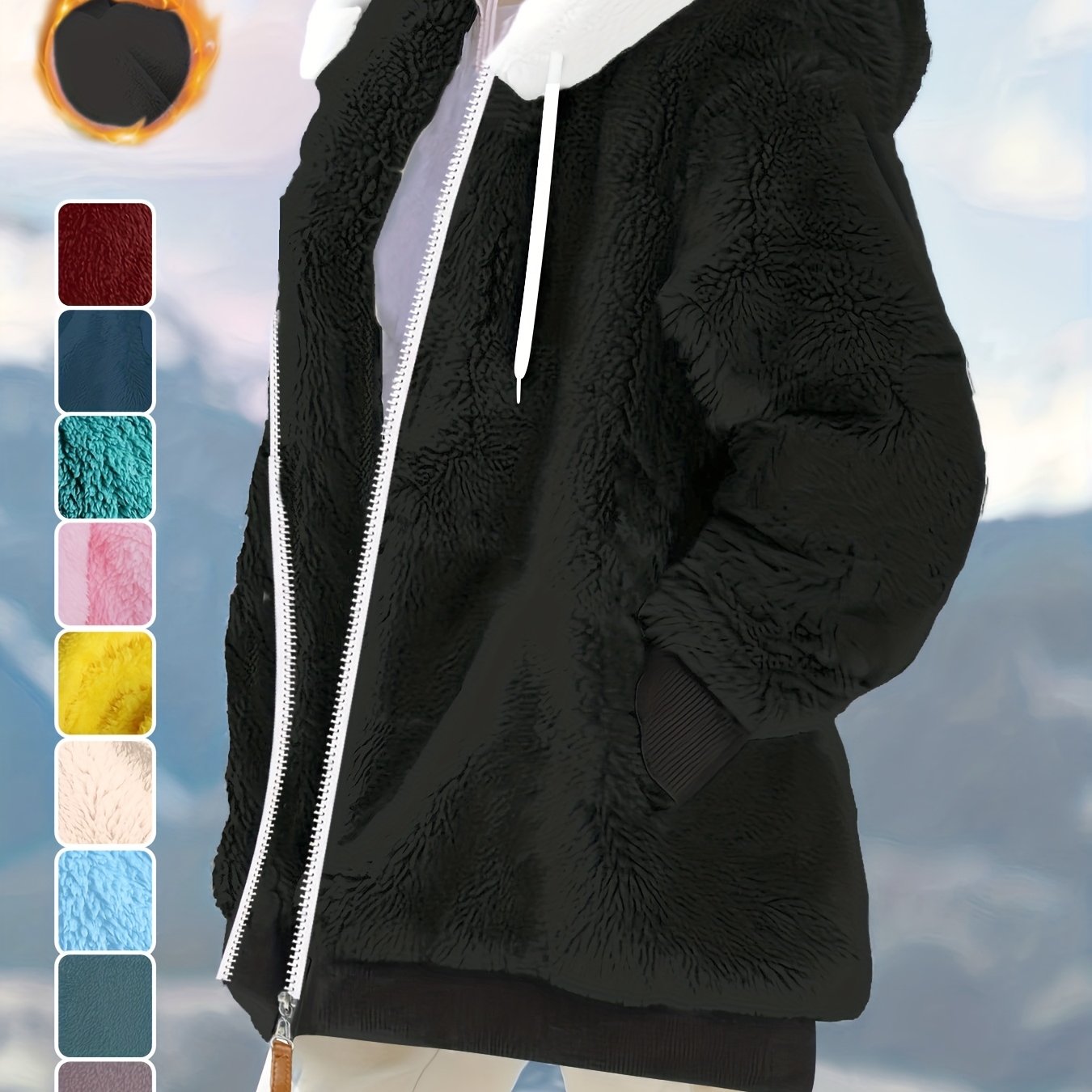 TEMU Taglie Forti - Giacca con Cappuccio Oversize da Donna in Pile con Zip, Cappotto Invernale , Capispalla Casual Sherpa , Felpa con Cappuccio Lunga