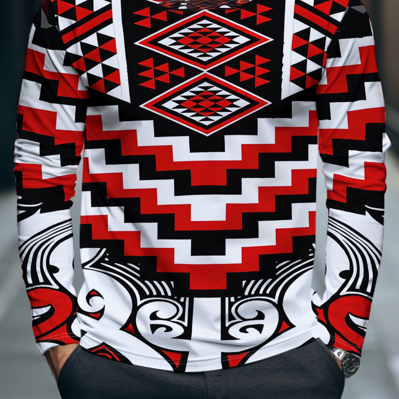 TEMU Men's Spring/autumn Round Neck Long Sleeve T-shirt. This Design Features Black, Red, And White As Colors, Blending Geometric And Maori-style