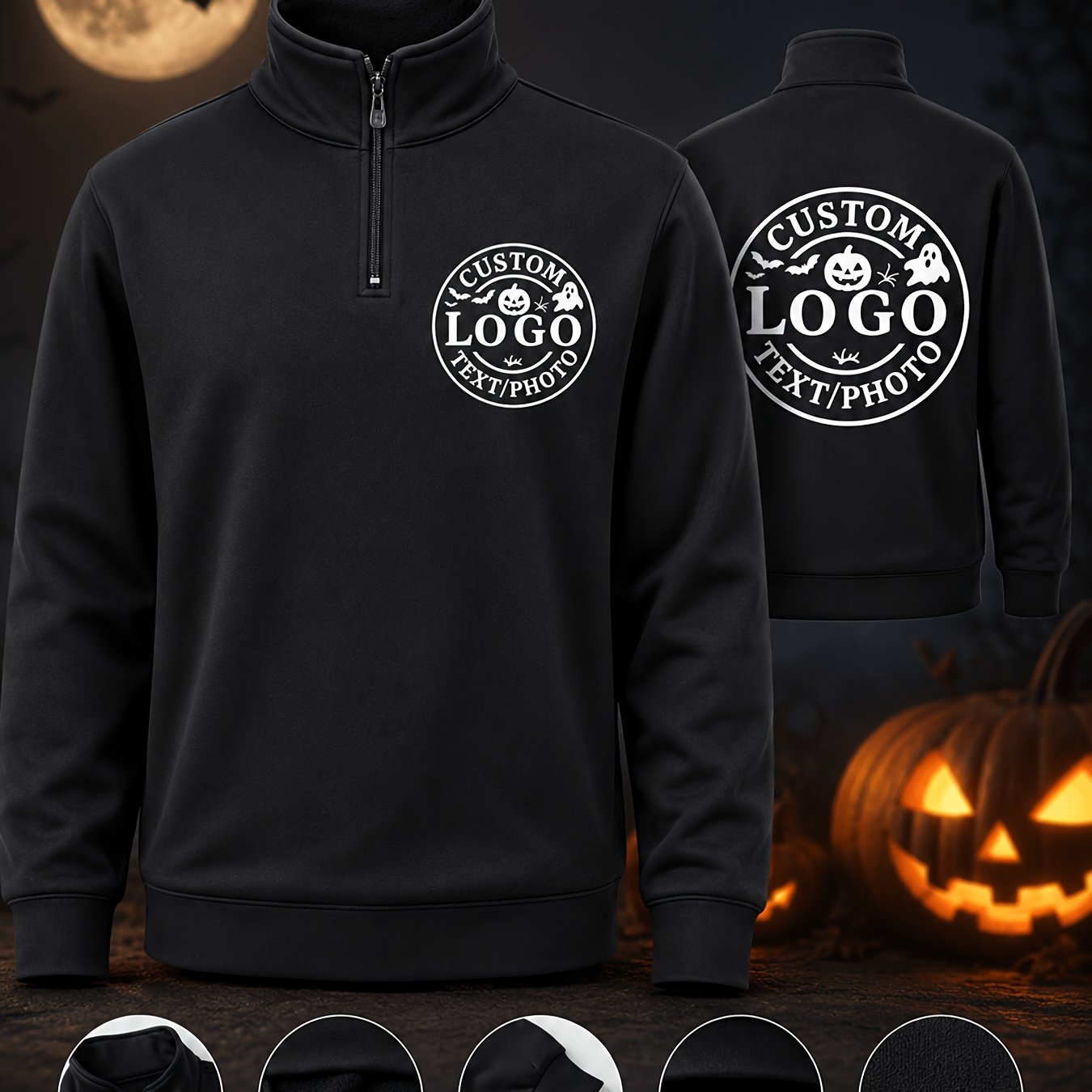 TEMU Halloween Christmas Custom Half-zip Pullover Sweatshirt, Men's Practical Workwear, Personalized Logo Name Photo Print, Soft Knit Shell With Warm