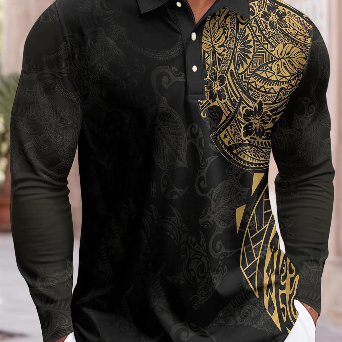 TEMU Mens Casual Long Sleeve Shirt Black With Golden Tribal Polynesian Pattern Print For Daily Wear Beach Party Vacation Outdoor Activities Summer