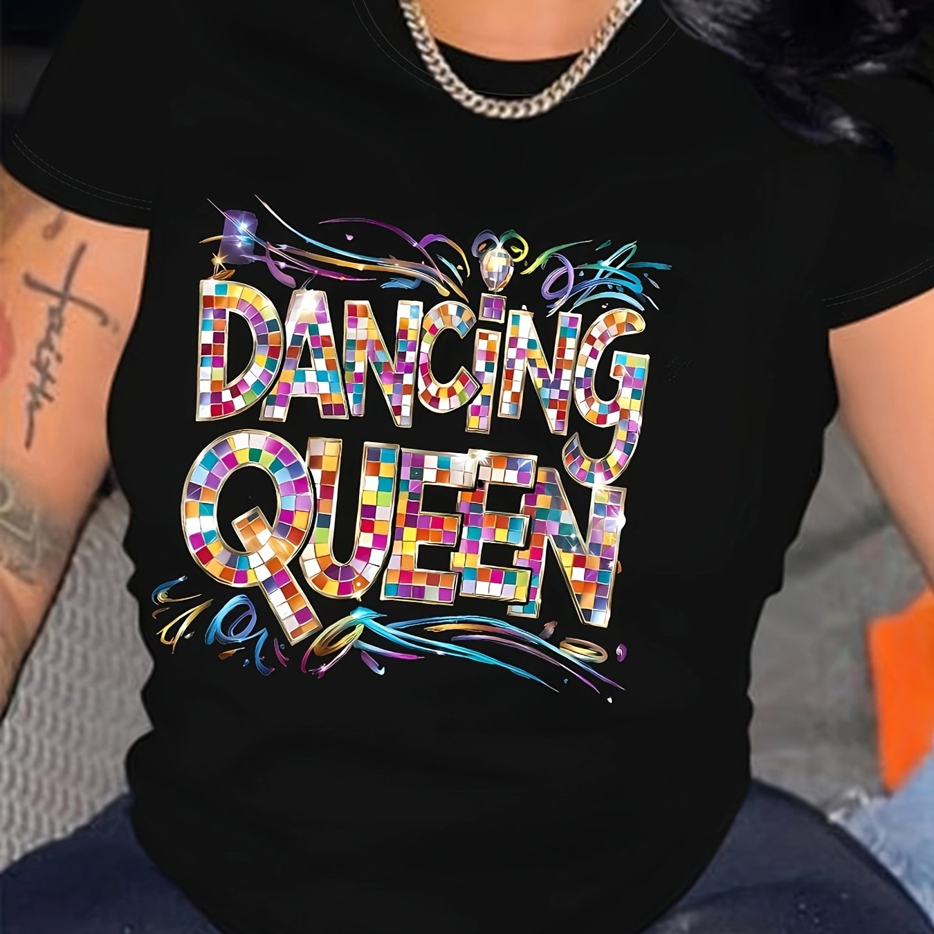TEMU Women's Casual Short Sleeve T-shirt - Art "" Graphic Tee With Colorful Square Lettering, Fabric, Machine Washable, Regular Fit For , Ladies T